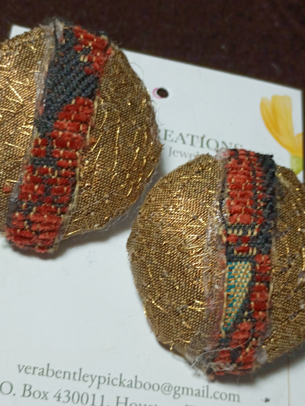 Gold Fabric Button Earrings with Red and Black Woven Trim